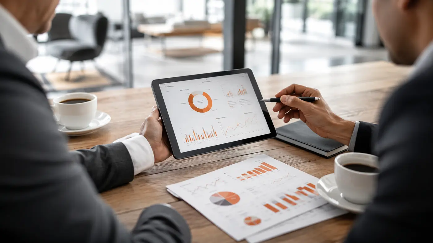 Consultores revisando indicadores financieros en una tablet